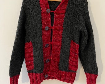 Vintage Hand Knit Hooded Red Gray Cardigan Sweater with Buttons Size Medium