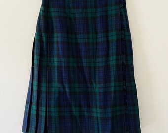 Vintage Edinburgh Woollen Mill Pleated Pure New Wool Scottish Highland Blue Green Plaid Skirt Kilt Made in Great Britain Size 14