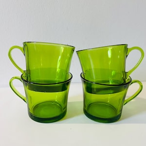 Vintage Green Glass Coffee Mugs by Duralex | Made in France | 80&#39;s Tableware | Set of Four Cups