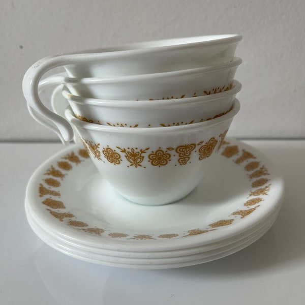 Vintage Corelle Corningware Butterfly Gold Pyrex Crossover Coffee Mugs Cup Milk Glass Set of Four