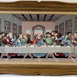 Vintage Large Wool Needlepoint Embroidery Leonardo Da Vinci&#39;s The Last Supper Tapestry Completed Professionally Framed Religious Wall Art