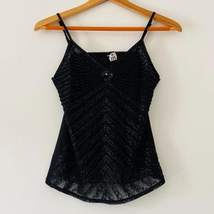 Vintage 90&#39;s Black Sheer Beaded Sequin Tank Top Shirt Size Small Y2K Fashion