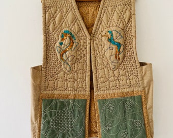 Vintage Hand Embroidered Celtic Linen Quilted Vest Quiltwork Hand Stitched Fiber Art Seahorse Cottagecore Fairycore