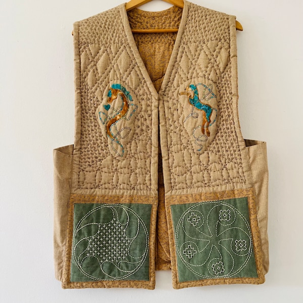 Vintage Hand Embroidered Celtic Linen Quilted Vest Quiltwork Hand Stitched Fiber Art Seahorse Cottagecore Fairycore