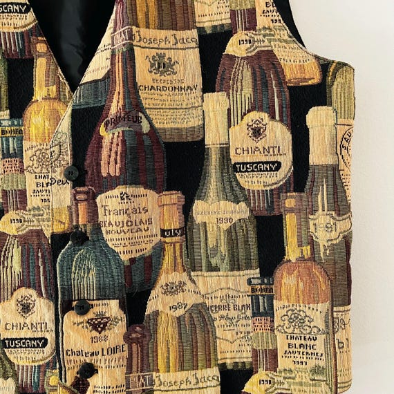 Vintage 80'sThe Arrow Collar Man Shirt Sommelier Wine Beaujolais Chianti Chardonnay Button Up Tapestry Vest Men's Size Large View 2