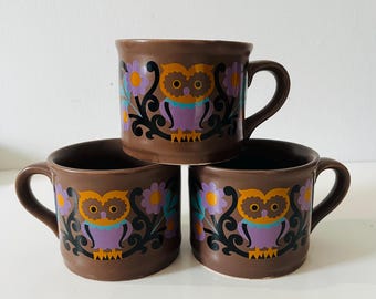 Vintage Sadler Retro Owls 5 Piece Cream Sugar and Mug Set Owl Cups Tea Set Folk Art Owls 70s Housewares