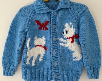 Vintage hand gebreide motief stijl retro puppy hond baby vest trui trui maat 6-12 maanden