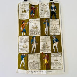 Vintage Designed by Neil Early Australian Discoverers 100% Linen Tea Towel Linen Cotton Dish Towel  Unused Souvenir Linen Towels
