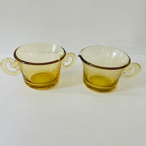 Vintage Antique Yellow Glass Cream and Sugar Set Czech Art Deco Josef Inwald Golden Amber Bead & Open Lace Pattern 1930