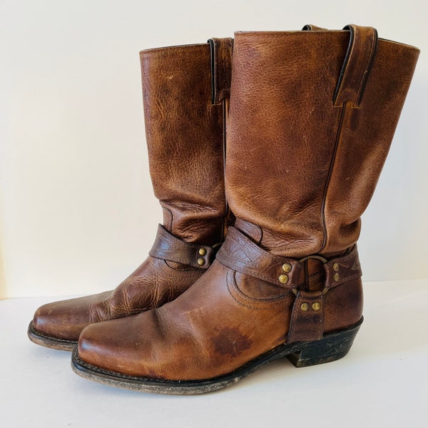 Boulet Brown Leather Cowboy Boots Harness Boots Motorcycle Boot Pointed Toe Size 7.5 Made in Canada