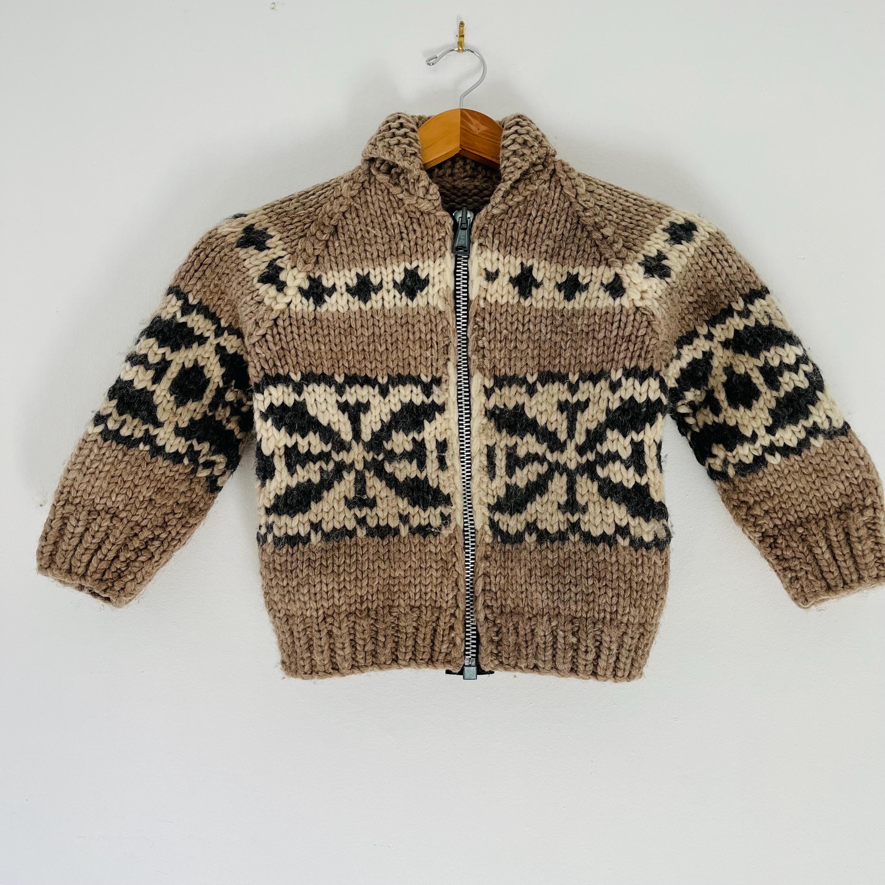 Vintage Hand Knit Kids Wool Cowichan Shawl Neck Full Zip Cardigan 