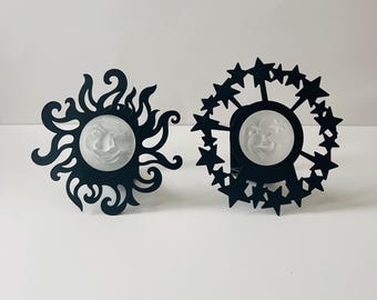 Vintage 1990's Celestial Sun Moon and Stars Partylite Tealight Candle Holder Wall Sconce Whimsigoth Fairycore Home Decor Set of Two