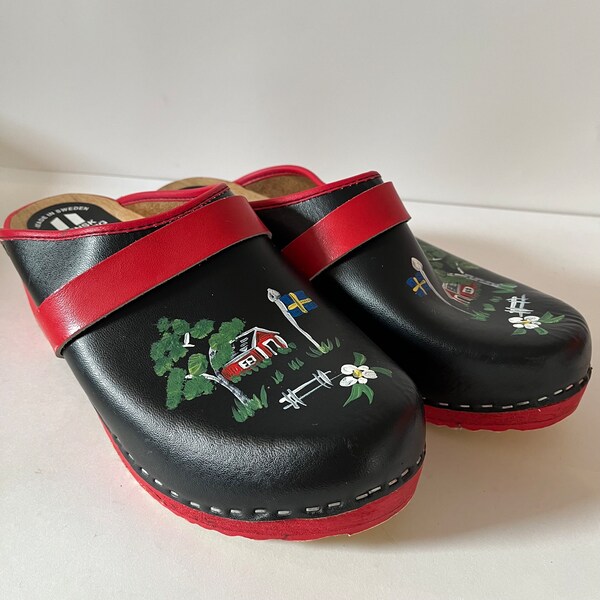 Vintage Svensk Fotriktig Tratoffel Handbemalte Clogs Schuhe Mule Schwarz Slip On Holzkeil Damen Größe 42EU Made in Sweden 70er Jahre Ungetragen