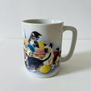 Vintage Otagiri Design by Linda Picken Hand Painted Ceramic Cats and Kittens Knitting Basket of Yarn Coffee Cup Tea Mug Made in Japan