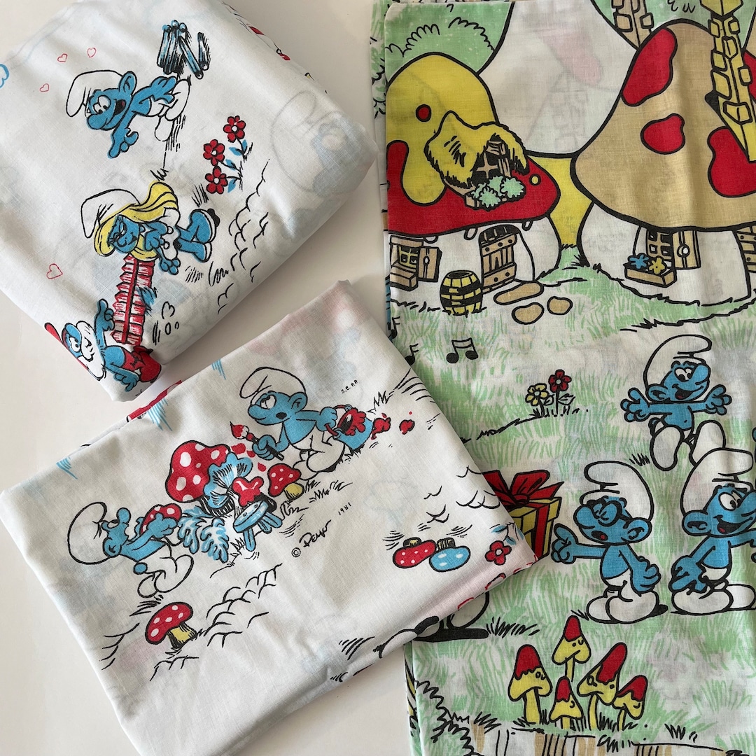 Vintage Peyo 1981 Smurfs Bedding Two Pillowcases and Twin Flat Bed ...