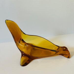 Vintage Sasaki Japan Amber Glass Seal Figure Candy Dish Jewelry Holder