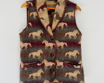 Vintage Woolrich Horse Print Wool Blend Vest Reversible Western Equestrian Shawl Collar Waistcoat | Cabincore Gorpcore Made in USA Size M