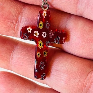 Vintage Millefiori Murano Art Glass Red Cross with Flowers Pendant Necklace 20 inch Chain
