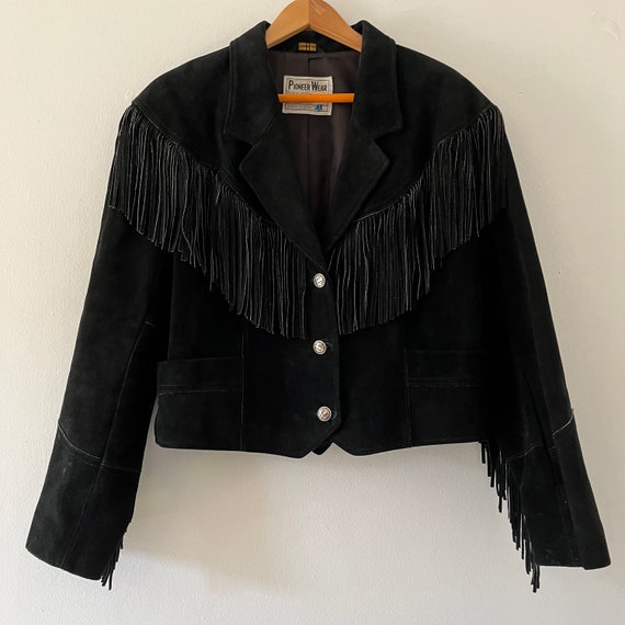 Vintage 1980s Pioneer Wear Black Suede Fringed Li… - image 1