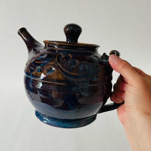 Hand Made Studio Art Glazed Stoneware Pottery Blue Brown Tea Pot Teapot