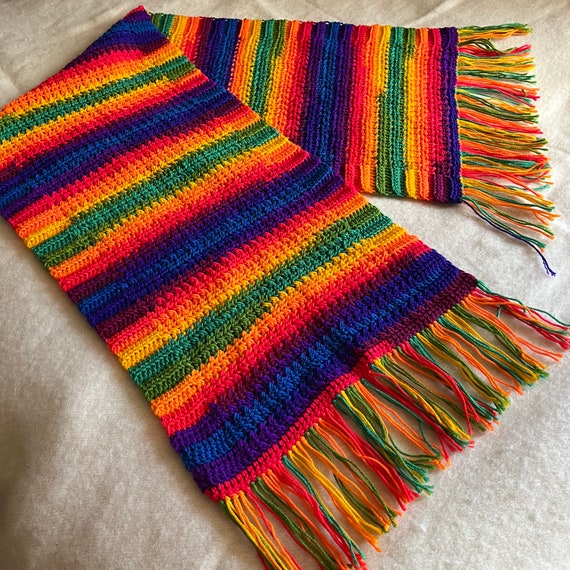Beautiful Hand Crocheted Rainbow Scarf with Fring… - image 7