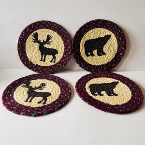 Vintage Woodland Creek Cottagecore Woven Trivets Elk Bear Forest Creatures Set of Four Trivets Hot Pads