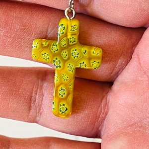 Vintage Millefiori Murano Art Glass Yellow Cross with Flowers Pendant Necklace 22 inch Chain