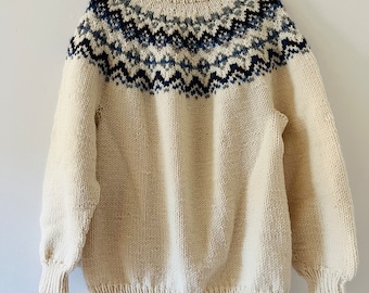 Vintage Hand Knit Acrylic Pullover Sweater Knits Nordic Yoke Design Icelandic Style Size Medium