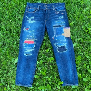 Vintage 1990's Polo Ralph Lauren Patchwork Distressed Patched Denim Jeans Pants Women's Size 32 Y2K Fashion