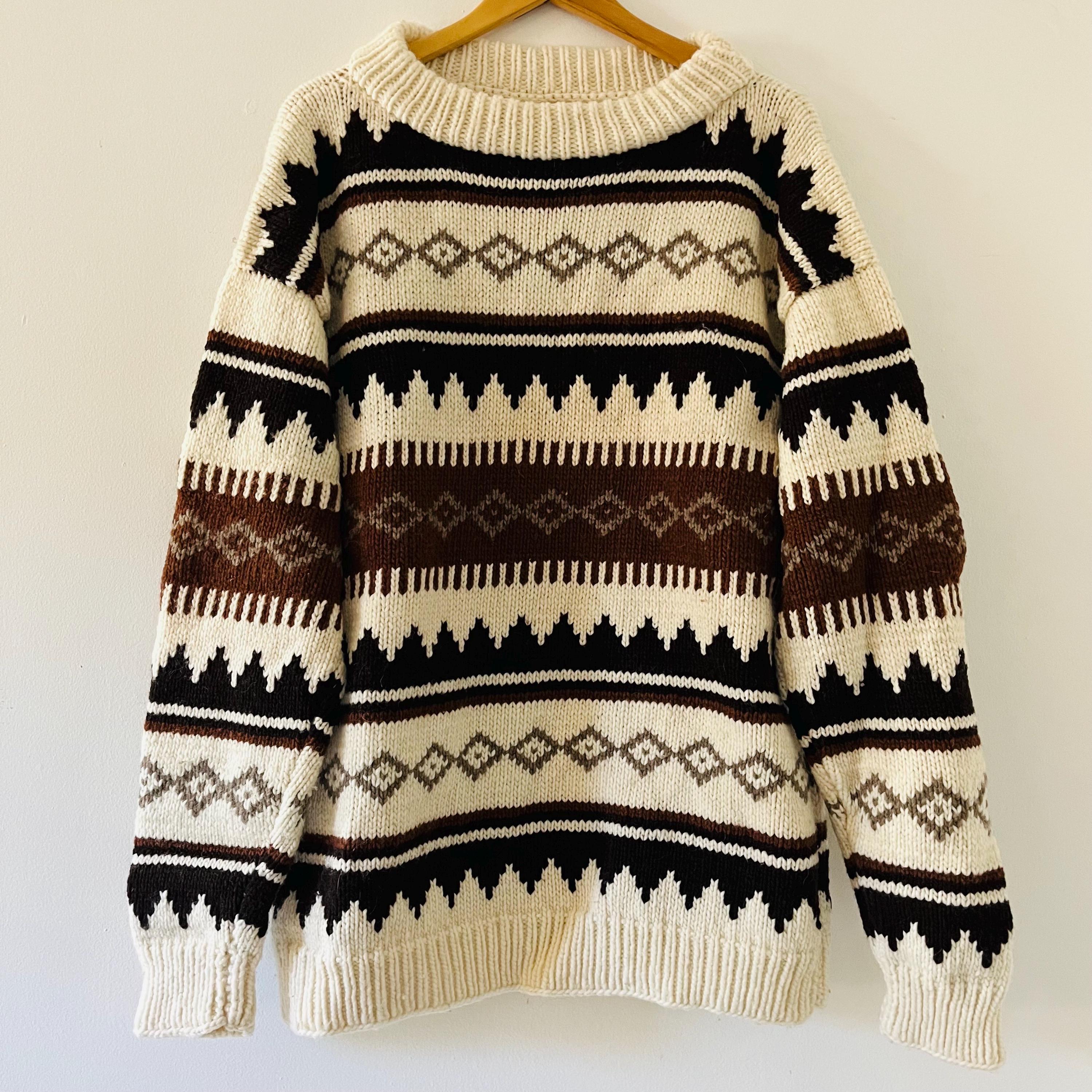 Vintage Hand Knit 100% Wool Striped Fair Isle Pullover Sweater