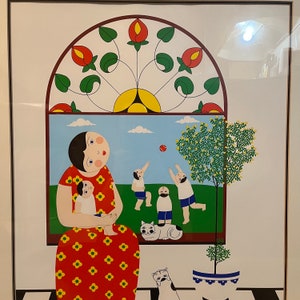 May include: A colorful illustration of a woman in a red dress with yellow flowers holding a child. The woman is standing in front of a window with a stained glass design. There are three children playing outside the window.
