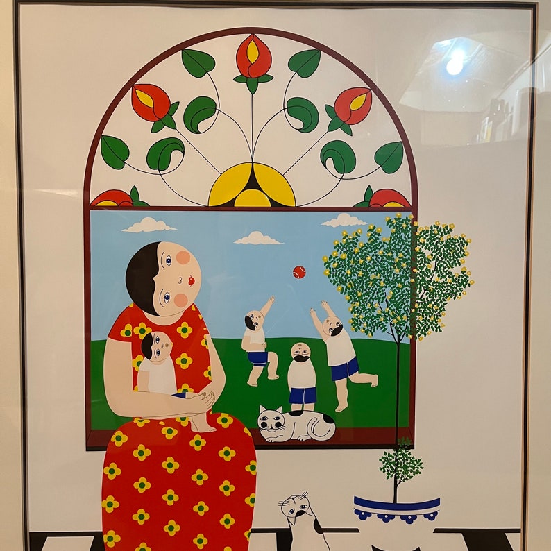 May include: A colorful illustration of a woman in a red dress with yellow flowers holding a child. The woman is standing in front of a window with a stained glass design. There are three children playing outside the window.