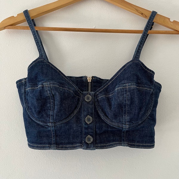 Vintage Guess Denim Corset Sweetheart Jean Zip Up Bustier Top Size Small 90's Fashion