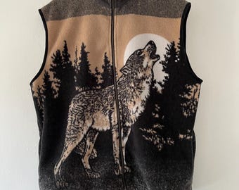 Vintage 1990-tals Kanada Wildlife Fleece Full Zip Majestic Wolf Wraparound Vandringströja Tröja Väst Friluftsmänniska Y2K Mode Storlek XL