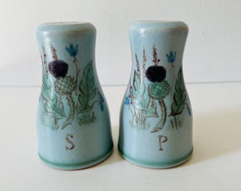 Vintage aardewerk handgeschilderd peper- en zoutstel Cruet van Buchan Scotland - Thistleware Thistle Signed 290 Kitchenware