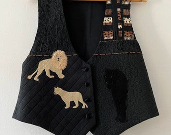 Vintage 90's Handmade Jungle Themed Wild Cats Lion Lioness Jaguar Quilted Patchwork Applique Vest Y2K Fashion Leopard Tiger Cheetah Print