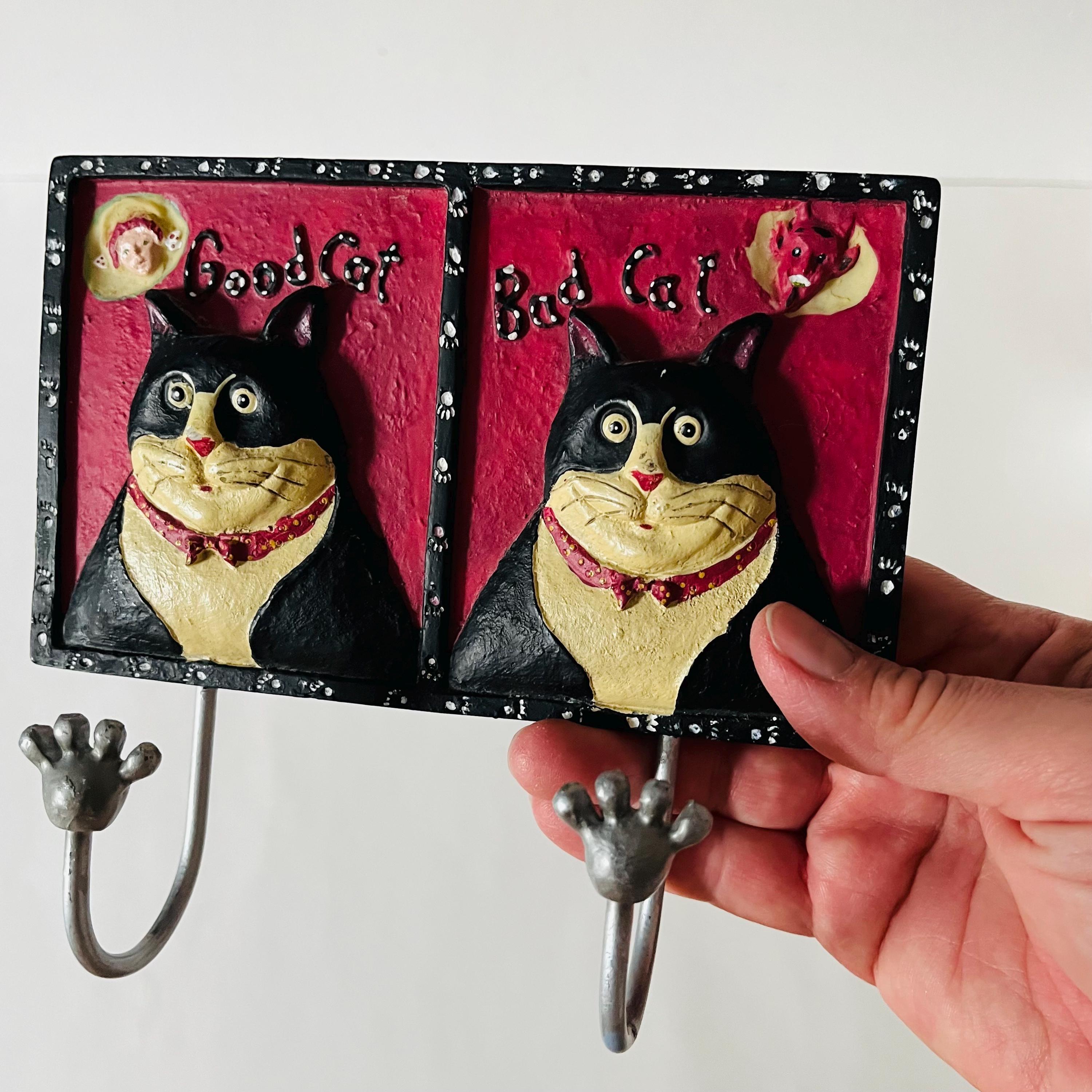 Vintage Hand Painted Good Cat Bad Cat Angel Devil Wall Hooks Towel