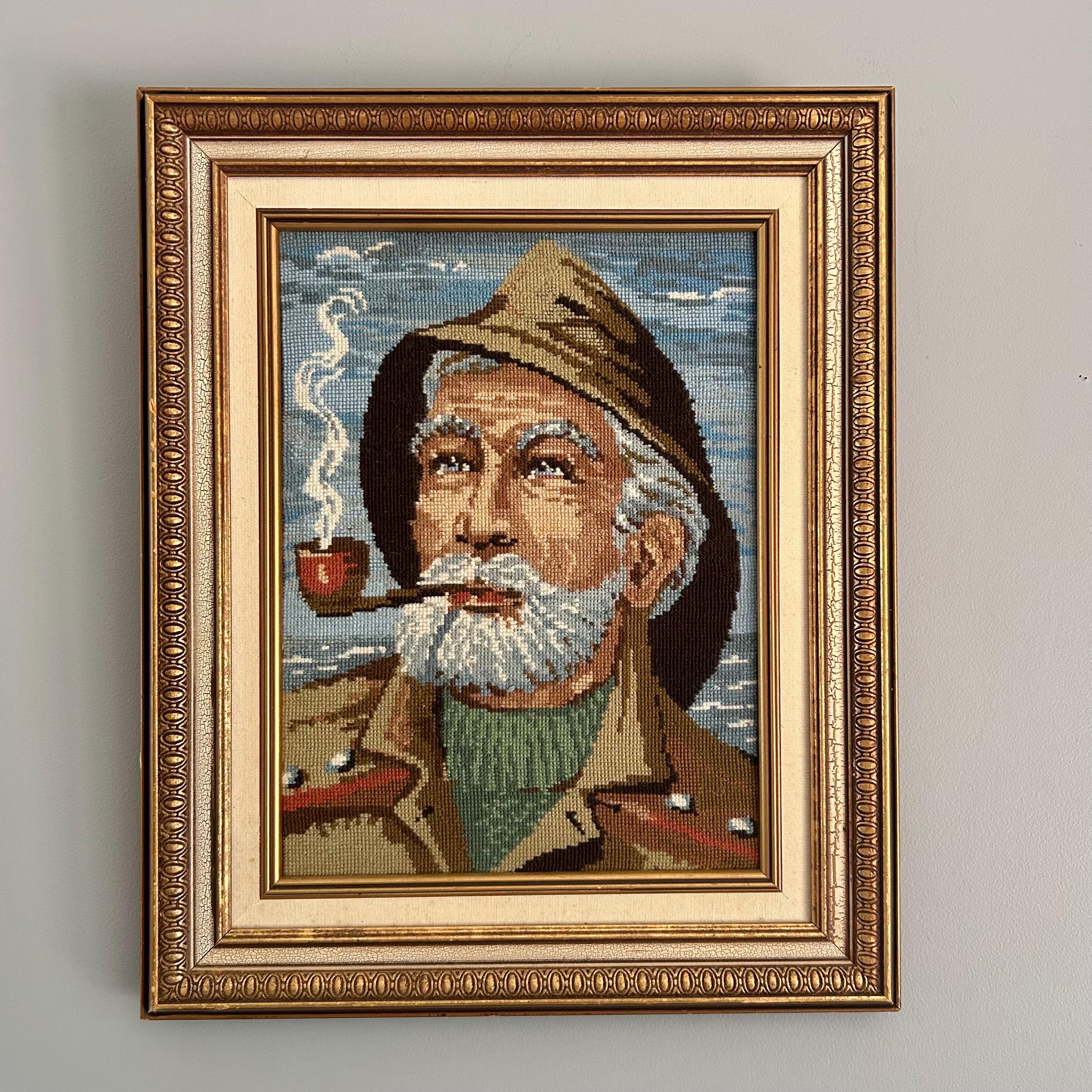 Vintage 60's Framed Needlepoint Old Man and the Sea Fisherman