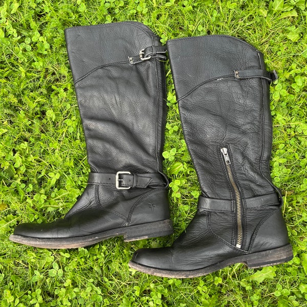 Vintage Frye Phillip 3476844 Women's  Black Leather Riding Boots Half Side Zip| Pull On Boots size 7