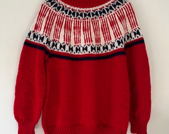 Vintage Hand Knit Acrylic Pullover Sweater Jumper Icelandic Style Red White Blue Size Medium
