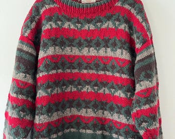 Vintage Handgestrickt 100% Wolle Rot Grün Grau Fair Isle Handmade Pullover Größe L
