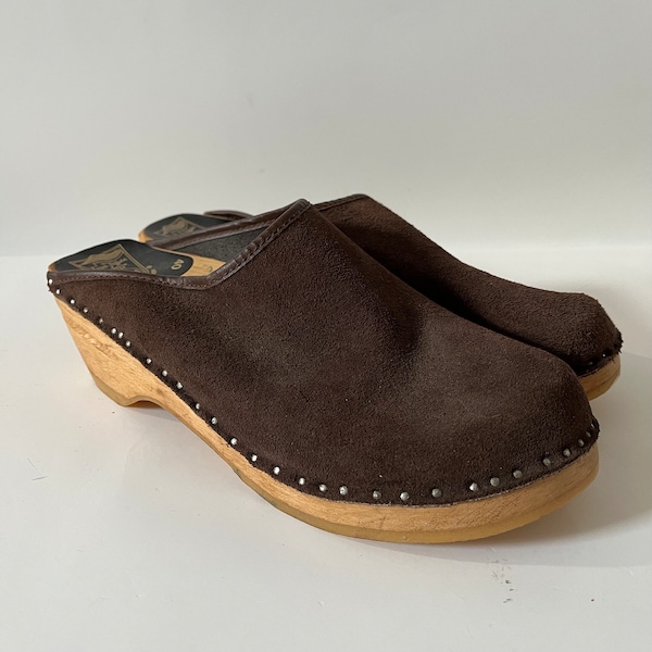 Vintage Bastad Toffeln Holzschuhe Mule Clog BRAUN Slip On Holzkeil Casual Comfort Damen Größe 40EU Made in Sweden 70er Mode Ungetragen