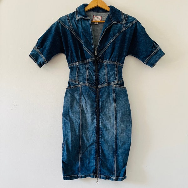 Vintage Guess Eco Flora Denim Corset Sweetheart Denim Zip Up Dress XS 80's Fashion