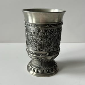 Vintage SKS 95% Zinn Pewter Goblet Water Cup Drinking Glass Engraved German Barware