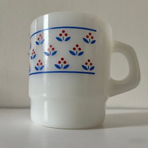 Vintage Termocrisa Milk Glass White / Blue Floral 8 Oz. Stackable Mug Federal Glass Retro Kitchen MCM