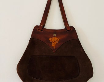 Vintage Leather and Suede Tooled Flower Hippie Purse Bag Shoulder Bag from the 70’s