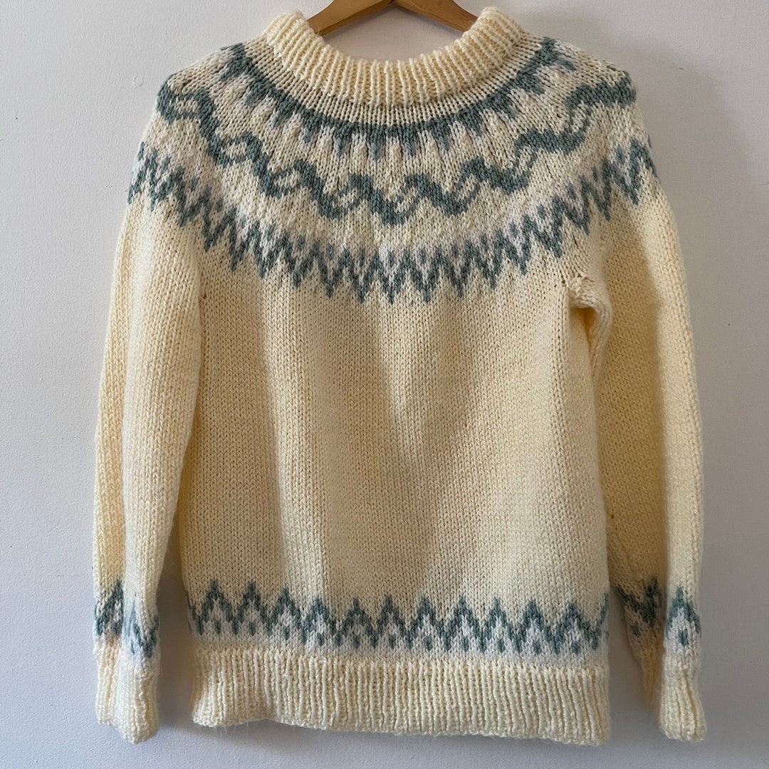 Vintage Hand Knit Woolen Icelandic Style Nordic Yoke Sweater Wool Blend ...