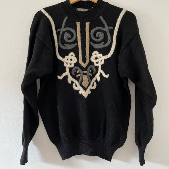 Vintage Novo R. Botticelli 100% Wool Abstract Whimsigoth Sweater with Applique Embellishments 80's Fashion