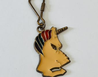 Vintage 70's - 80's Enamel Cloisonné Stained Glass Unicorn Keychain White With Rainbow Mane