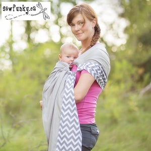 Anillo de cabestrillo para bebés Eslinga Sewfunky Designer Ajustable Baby Sling Chevron en Gris Certificado Algodón Orgánico Baby Shower Gift